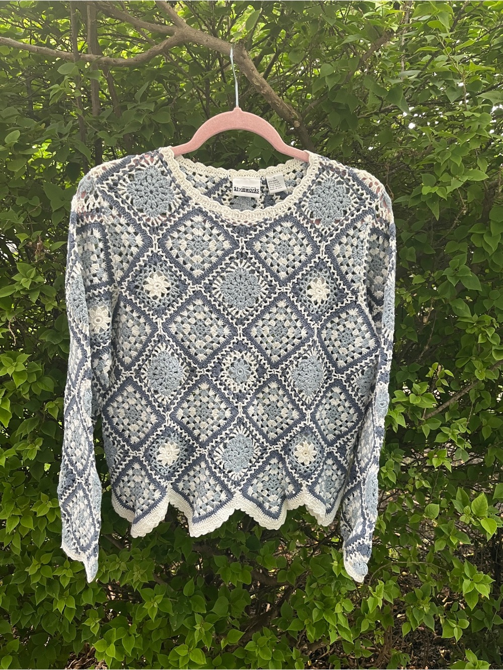 Vintage 90s Boho Crochet Granny Square Sweater - Small